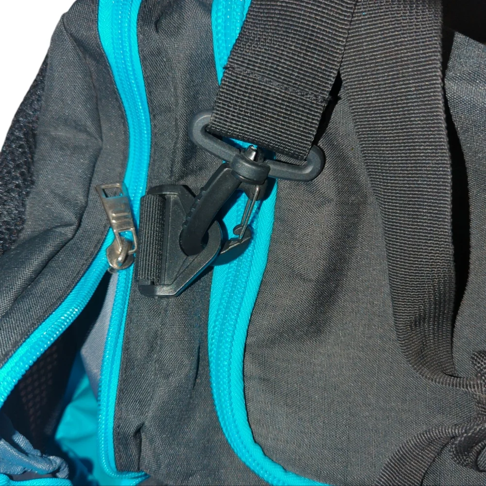 FILA Duffle Sports Gym Travel Bag Black Royal Blue Pockets Compartments Straps